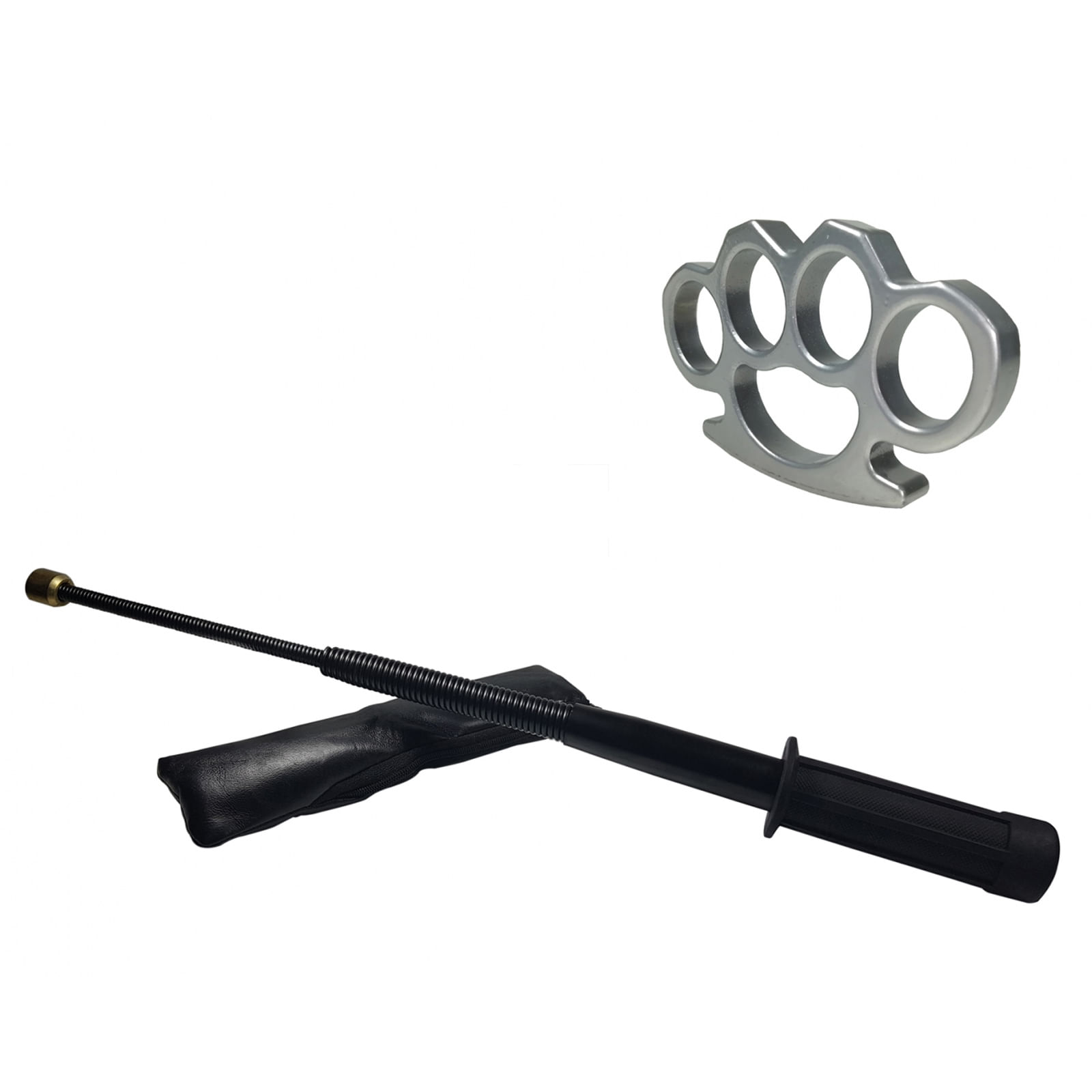 Set baston telescopic flexibil negru maner tip tonfa 47 cm + box argintiu 1 cm grosime