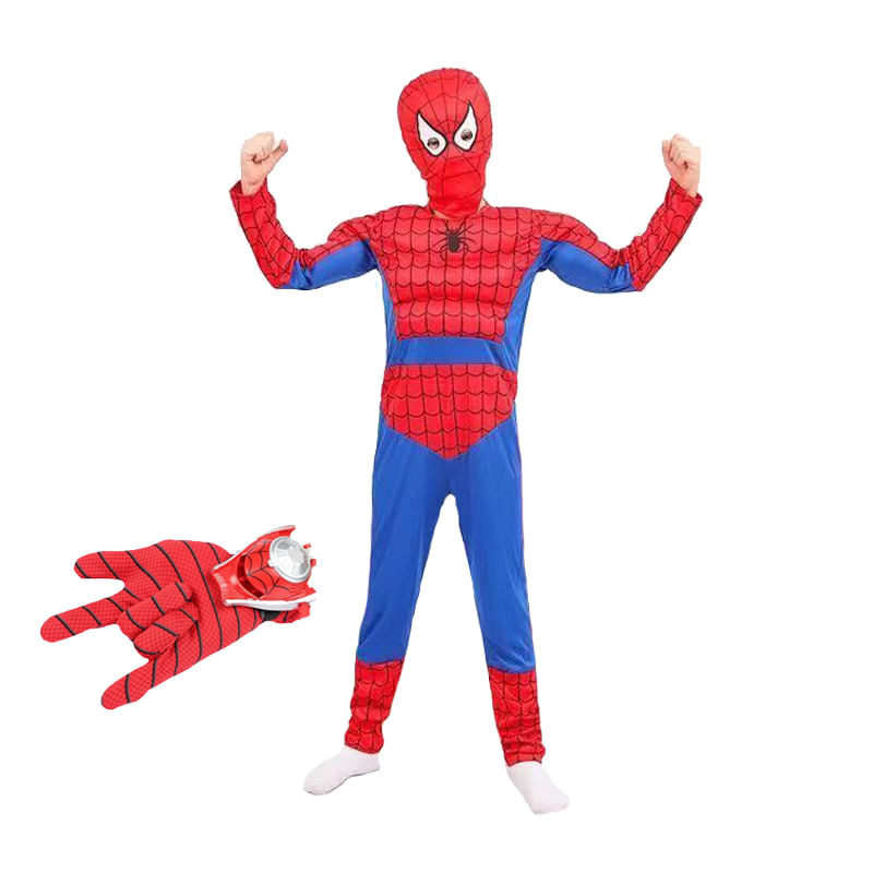 Set costum Ultimate Spiderman IdeallStore® pentru copii, 100% poliester, 120-130 cm, rosu si manusa cu discuri
