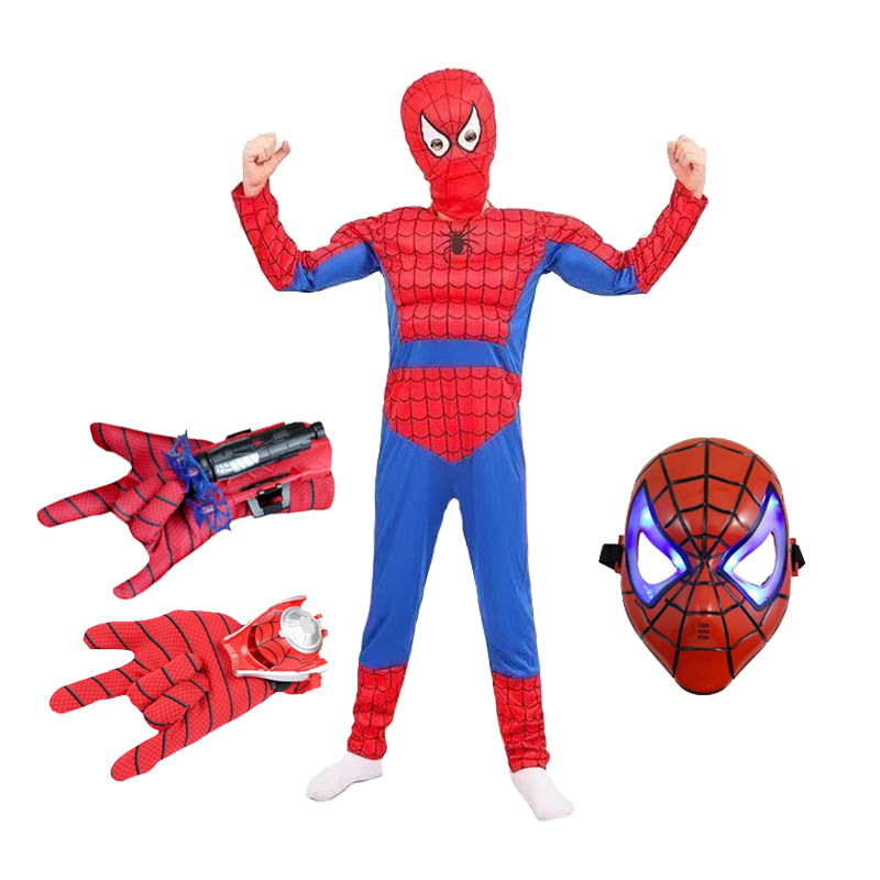 Set costum Ultimate Spiderman IdeallStore® pentru copii, 100% poliester, 120-130 cm, manusa ventuze, discuri si masca LED