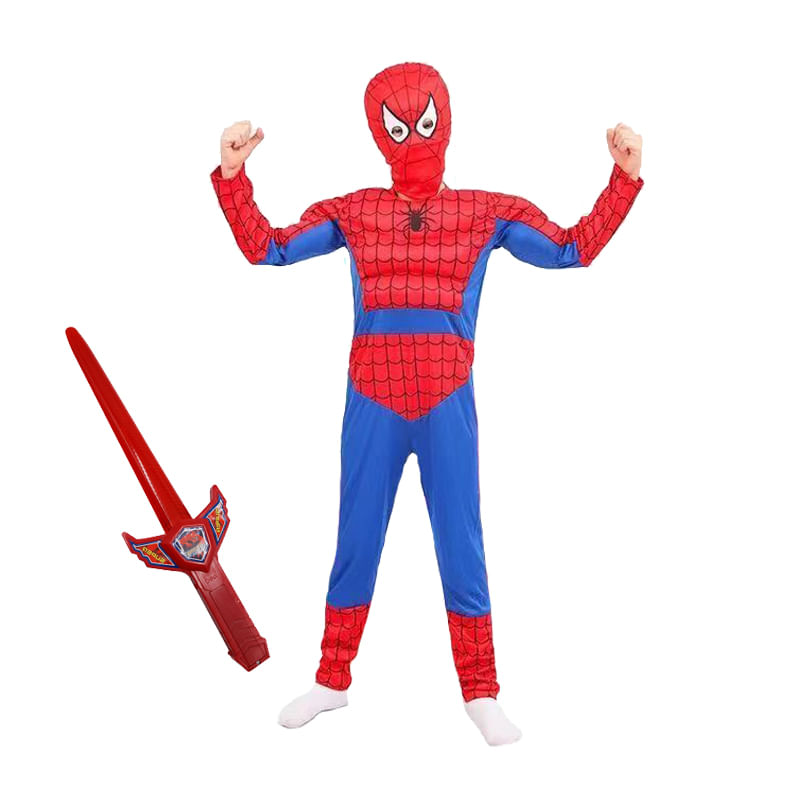 Set costum Ultimate Spiderman IdeallStore® pentru copii, 100% poliester, 110-120 cm, rosu si sabie cu lumini