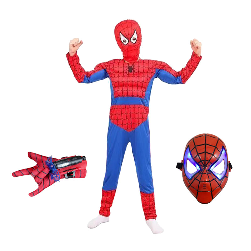 Set costum Ultimate Spiderman IdeallStore® pentru copii, 100% poliester, 120-130 cm, rosu, manusa ventuze si masca LED