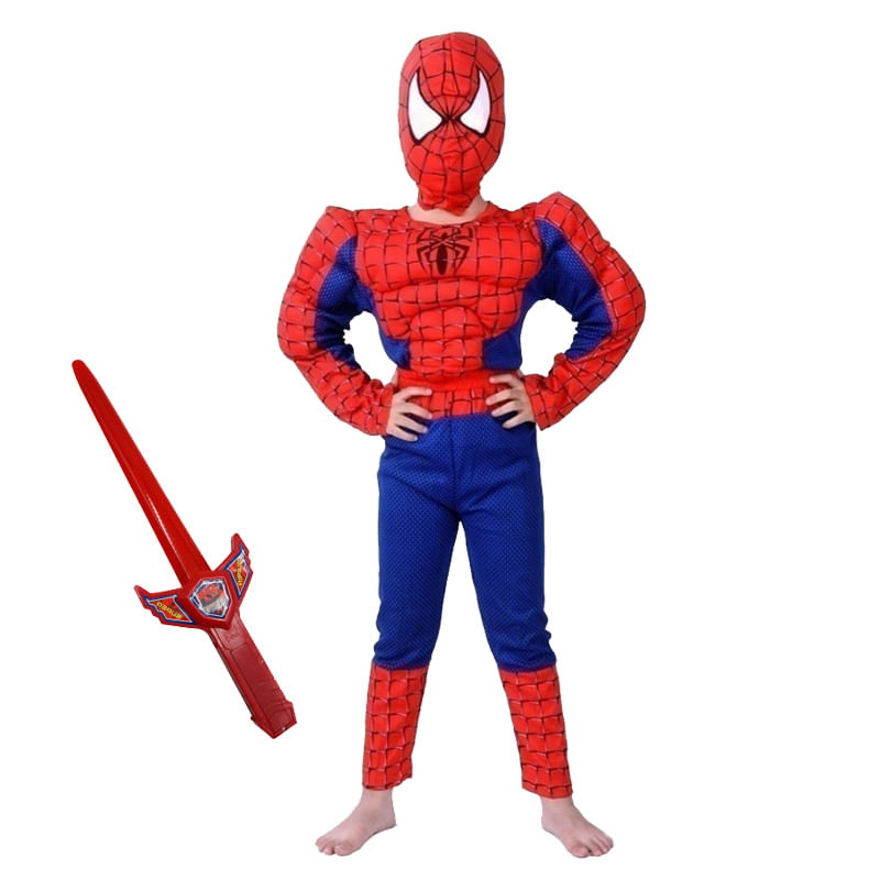 Set costum clasic Spiderman muschi IdeallStore®, 3-5 ani, 100-110 cm, rosu si sabie cu lumini inclusa