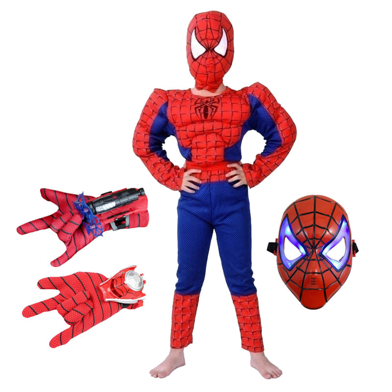 Set costum clasic Spiderman cu muschi IdeallStore®, 7-9 ani, 120-130 cm, manusa ventuze, discuri si masca LED