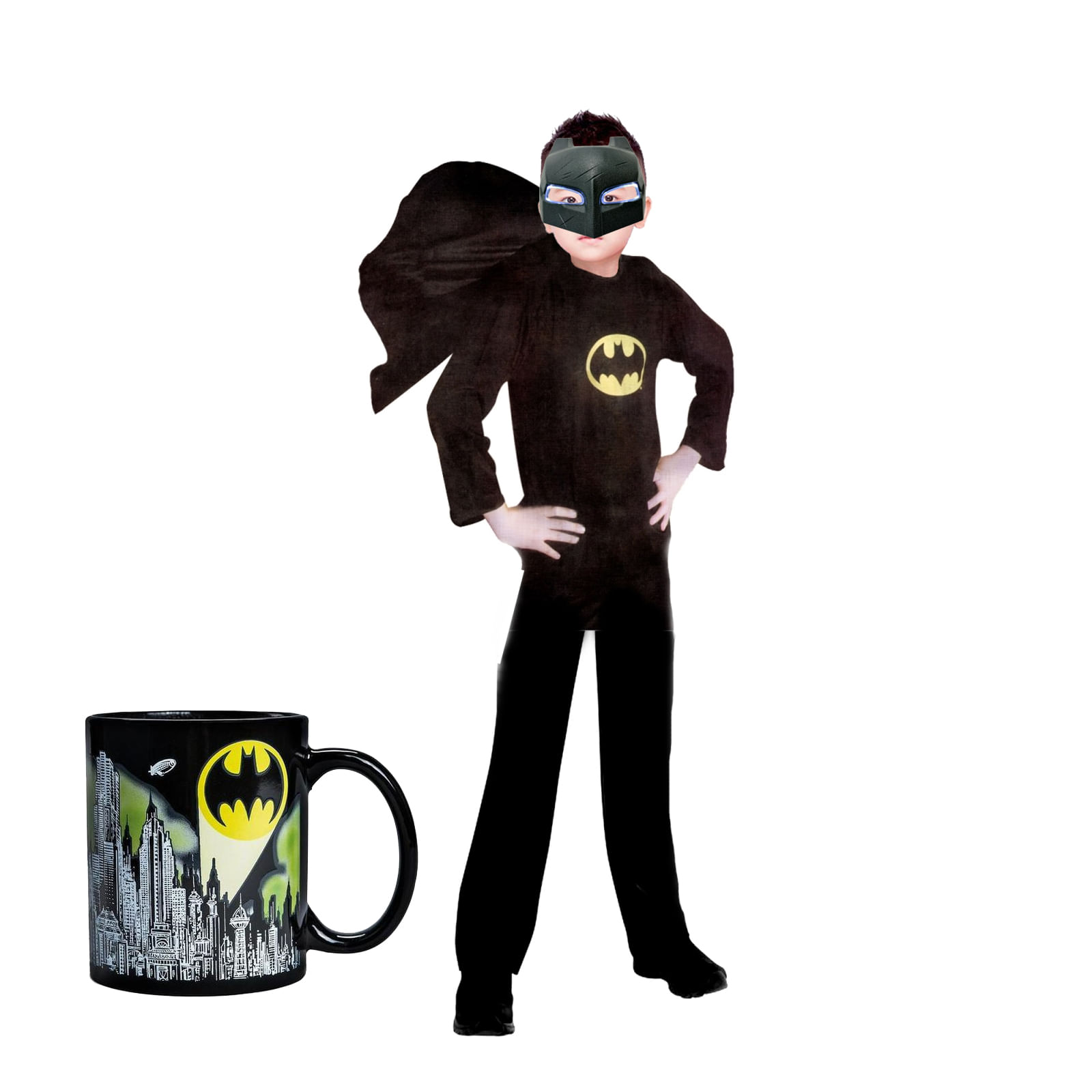 Set costum clasic Batman IdeallStore®, 5-7 ani, 110-120 cm, negru, masca LED si cana personalizata