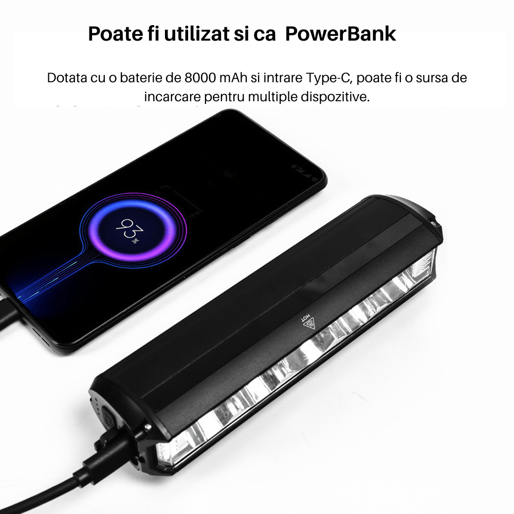 Lumina frontala profesionala bicicleta SpectrumPoint®, luminozitate 2600 lumeni, baterie 8000 mAh, incarcare USB, negru