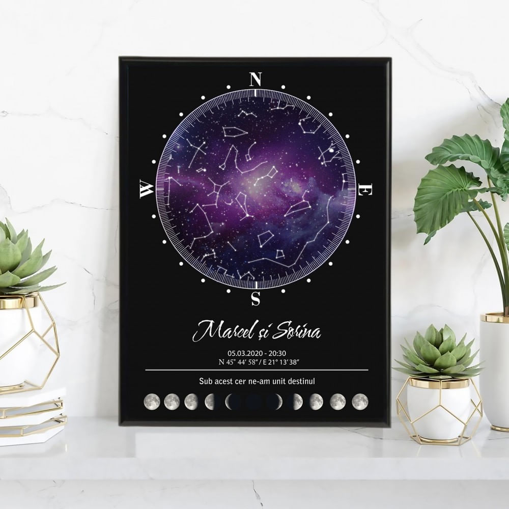 Tablou personalizat cu harta stelelor, model compas, 20 x 30 cm