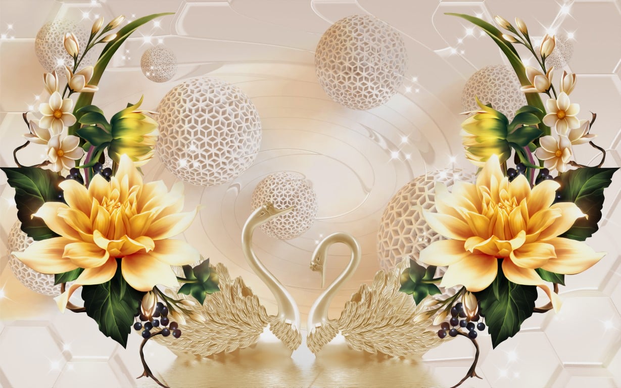 Tablou canvas - Abstract flori aurii si lebede din portelan