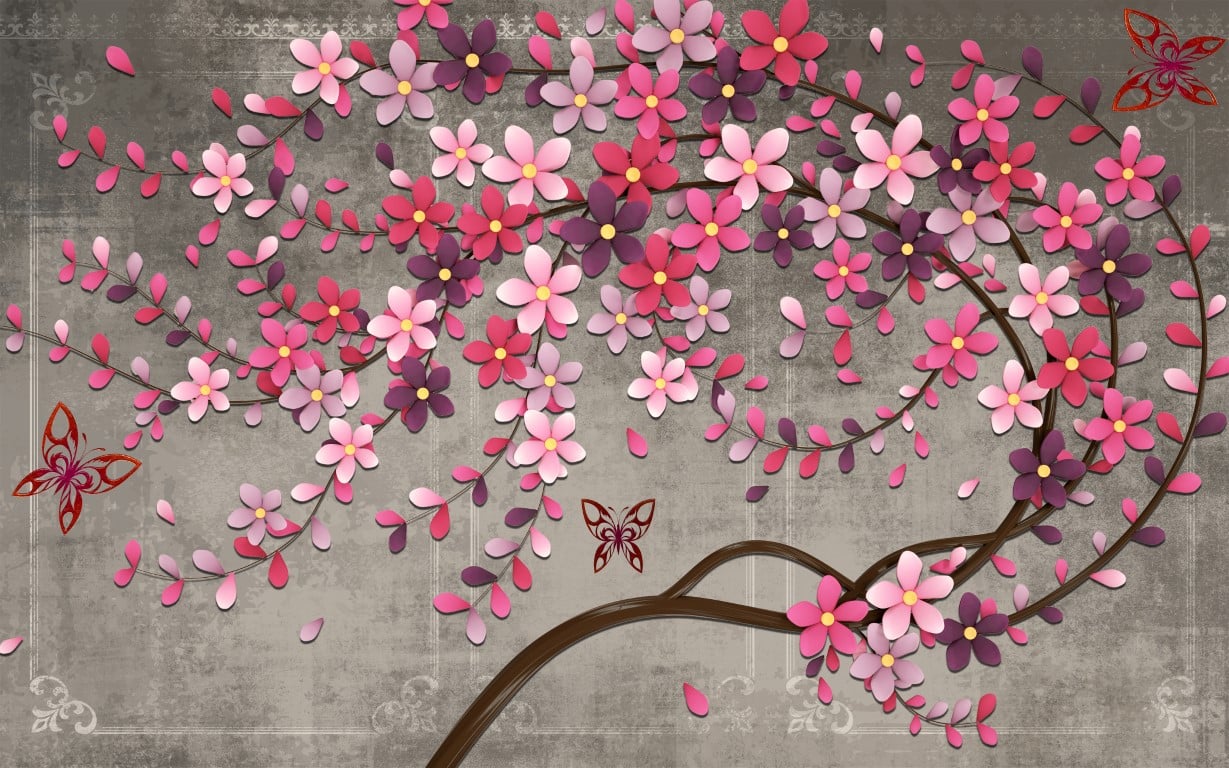 Tablou canvas - Abstract copac cu flori colorate si fluturi